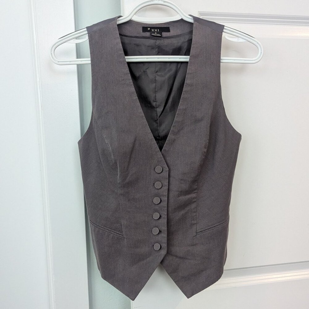 Womens Button-Up Sleeveless Pinstripe Gray Vest XXI